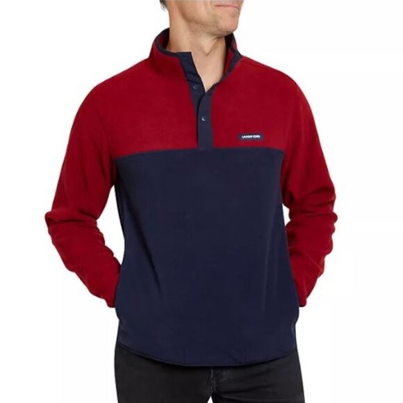 Lands' End Men's Polar Fleece Pullover - Navy Red - Picture 1 of 7